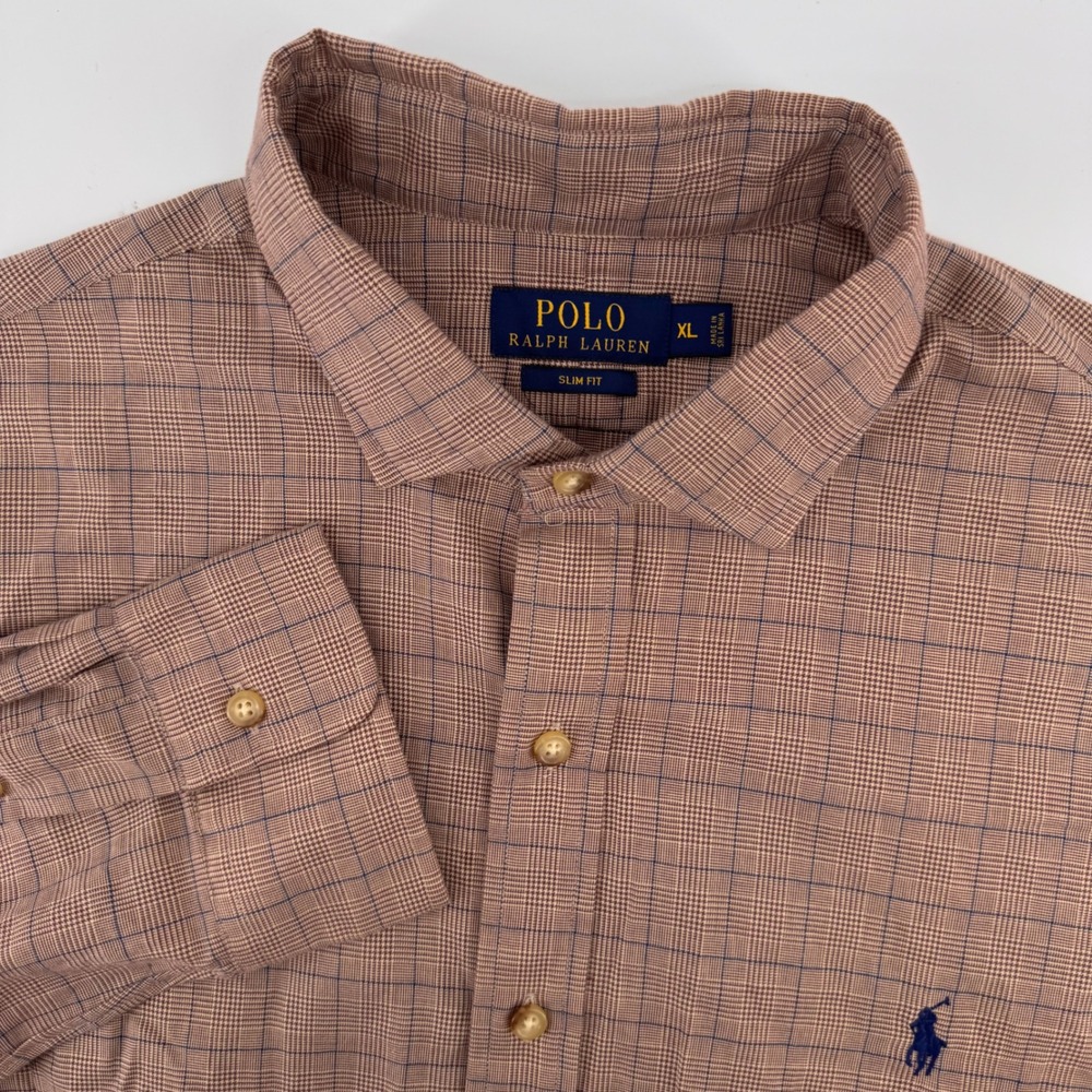 Polo Ralph Lauren Button Down Mens XL Brown Blue Plaid Slim Fit Cotton Shirt